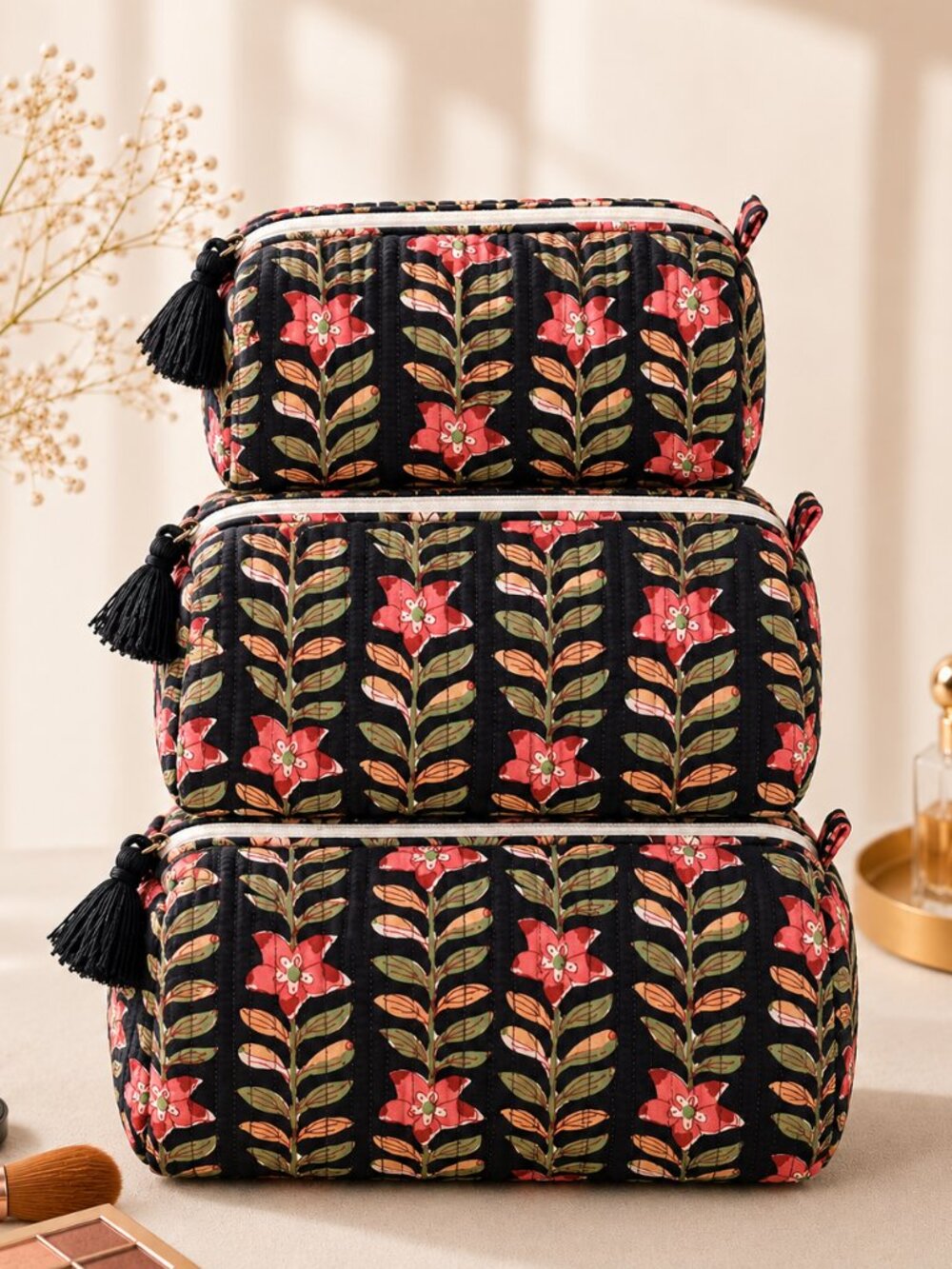 Set of 3 Black Red Floral Block Print Cosmetic Bag Quilted Cotton Toiletry Bag